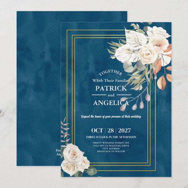 Invitation Mariage rose bleu bleu de la marine moderne (Devant / Derrière)