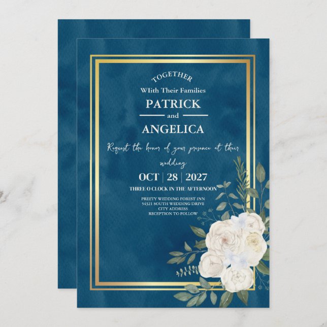 Invitation Mariage rose bleu bleu de la marine moderne (Devant / Derrière)