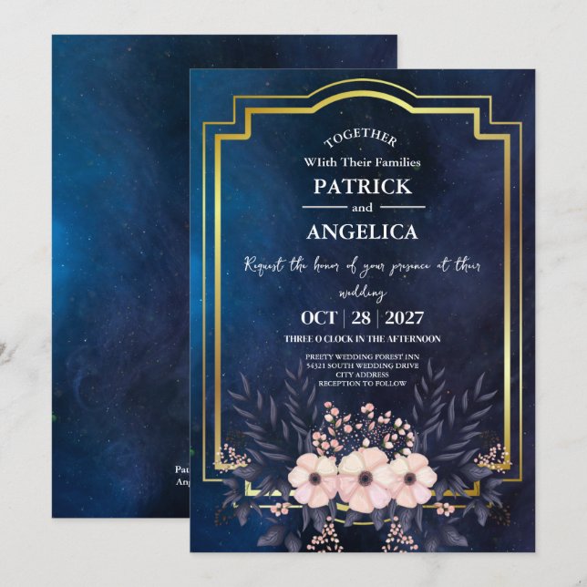 Invitation Mariage rose bleu bleu de la marine moderne (Devant / Derrière)