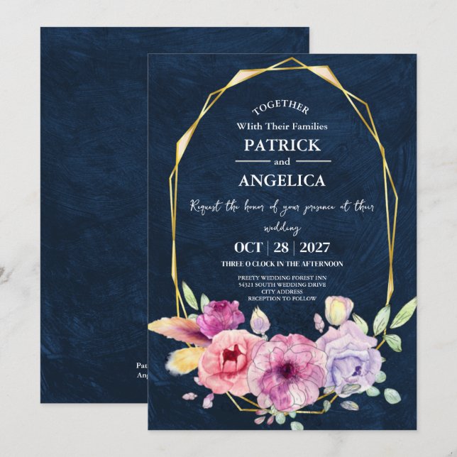 Invitation Mariage rose bleu bleu de la marine moderne (Devant / Derrière)