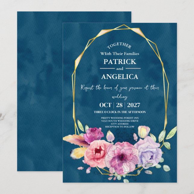 Invitation Mariage rose bleu bleu de la marine moderne (Devant / Derrière)