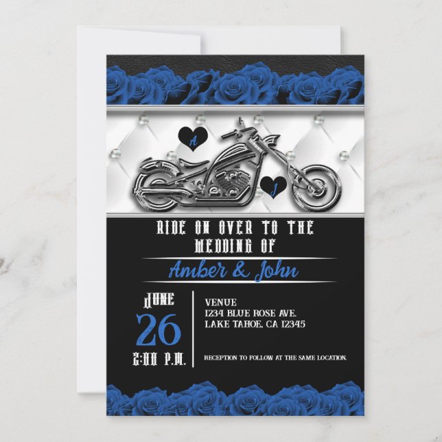 Invitation Mariage Rose Bleue en Cuir de Moto pour Motard  (Devant)