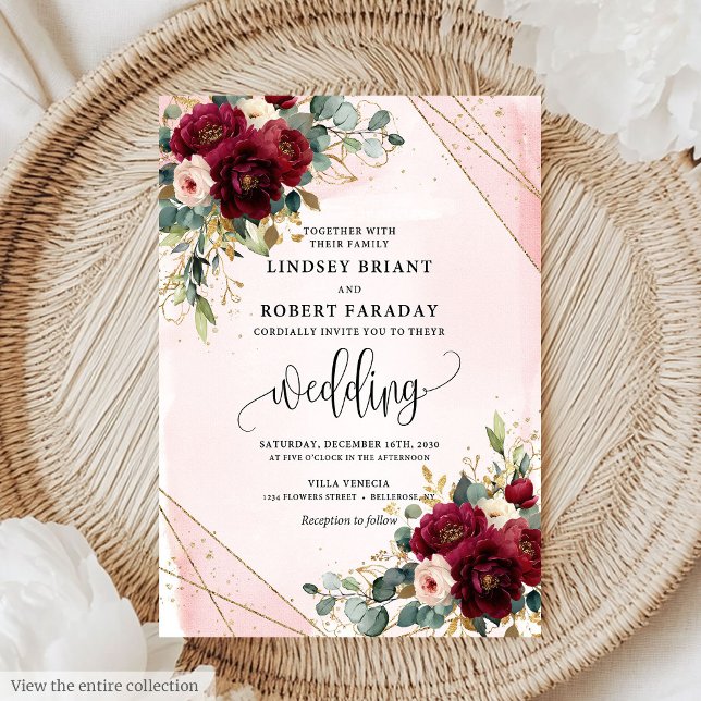 Invitation Mariage Rose Boho Deep Red Gold Blush (Modern Boho Deep Red Gold Blush Roses Wedding Invitation)