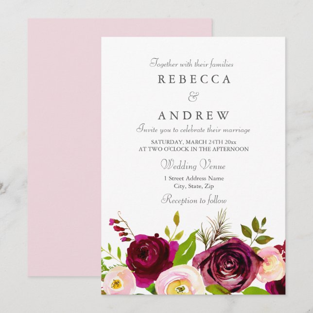 Invitation Mariage rose Bourgogne & Fleurs rousses Inviter (Devant / Derrière)