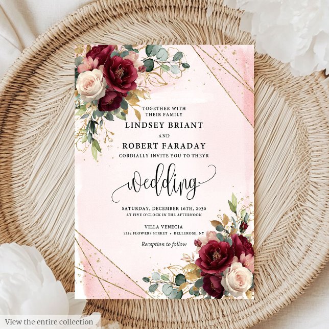 Invitation Mariage Rose brillant Boho Deep Red (Glamorous Boho Deep Red Gold Blush Roses Wedding Invitation)