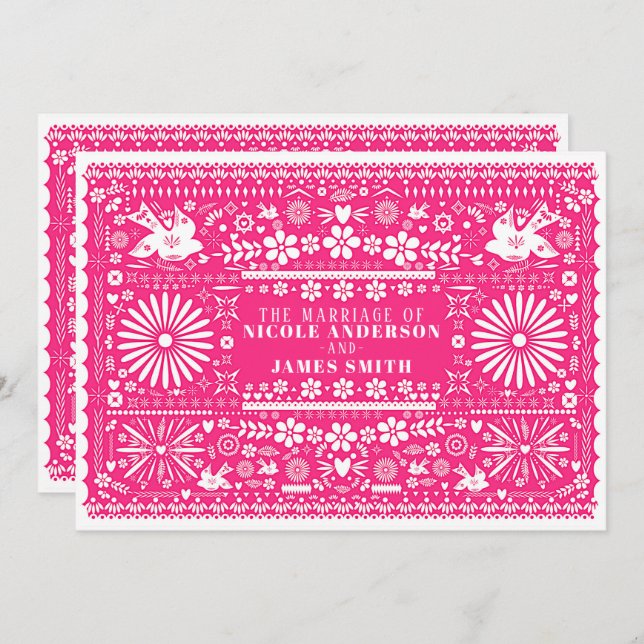 Invitation Mariage Rose Chaud Clair Picado Mexicain (Devant / Derrière)