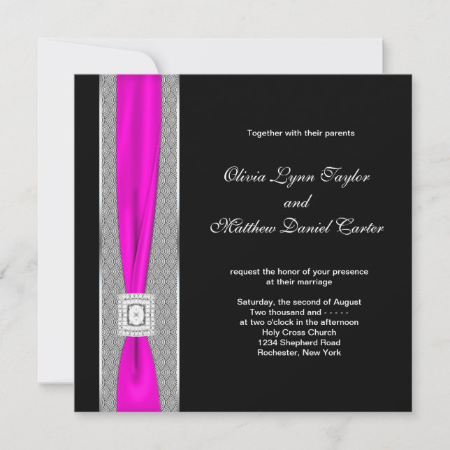 Invitation Mariage Rose Chaude Noir Fuchsia Ruban (Devant)