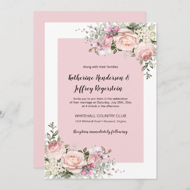 Invitation Mariage Rose couleur rose et crème (Devant / Derrière)