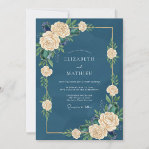 Invitation Mariage Rose Crème de Mer Profonde