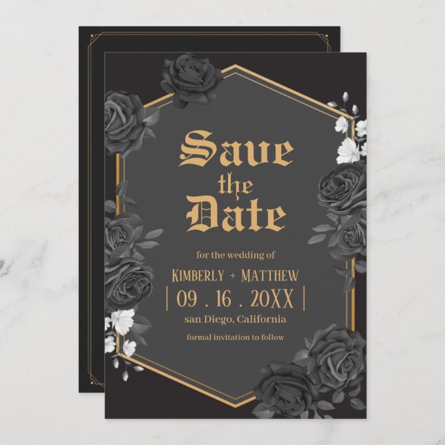 Invitation Mariage rose damas noir Save The Date (Devant / Derrière)