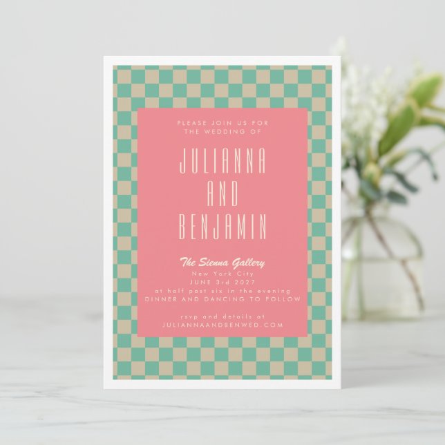 Invitation Mariage rose de table en damier esthétique rétro (Debout devant)