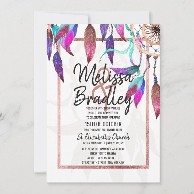Invitation Mariage rose d'or de Dreamcatcher d'aquarelle de (Devant)