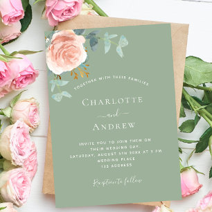 Invitation Mariage rose doré vert Sage 