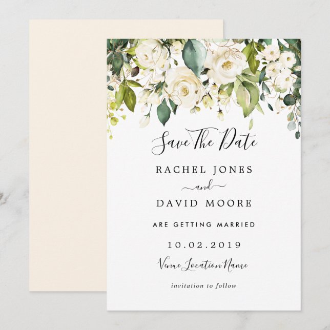 Invitation Mariage Rose Dorée Blanc Enregistrez La Date (Devant / Derrière)