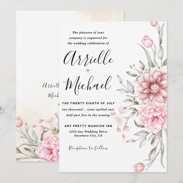Invitation Mariage rose Dusty Rose de verdure (Devant / Derrière)