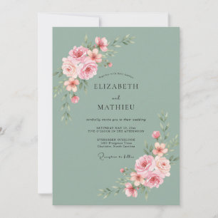 Invitation Mariage Rose Élégante Vert Sauge