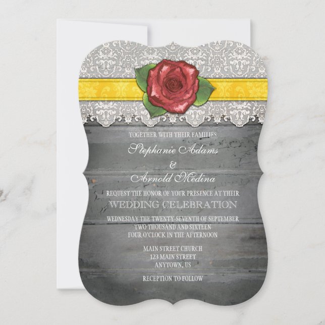 Invitation Mariage Rose en bois rustique gris jaune Inviter (Devant)