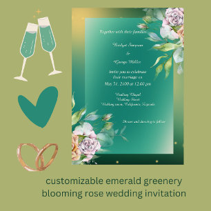 Invitation mariage rose en fleurs émeraude