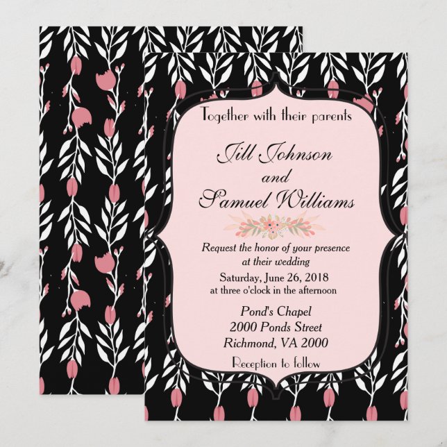Invitation Mariage rose et noir (Devant / Derrière)