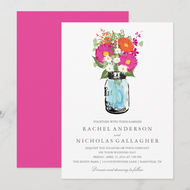 Invitation Mariage rose et orange de pot de maçon de (Devant / Derrière)