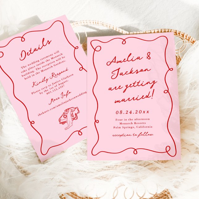 Invitation Mariage rose et rouge à main blanche + détails (Créateur téléchargé)