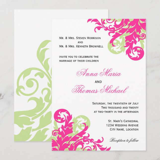 Invitation Mariage rose et vert (Devant / Derrière)