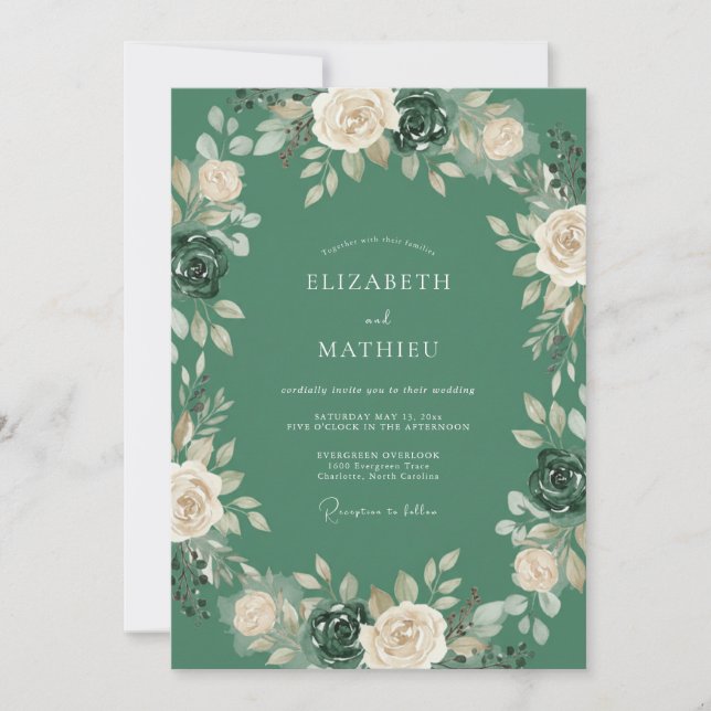 Invitation Mariage Rose Éternelle Vert Forêt (Devant)