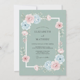 Invitation Mariage Rose Fantaisiste Vert Sauge