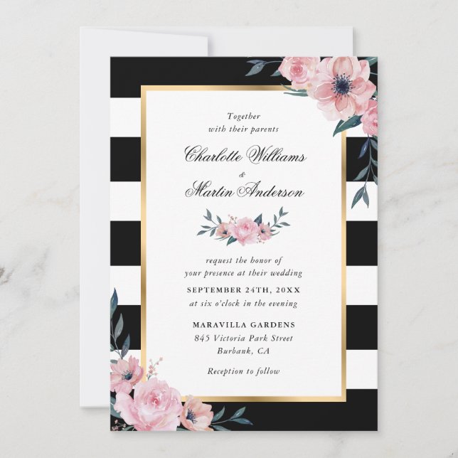 Invitation Mariage rose floral élégant noir blanc rayé (Devant)