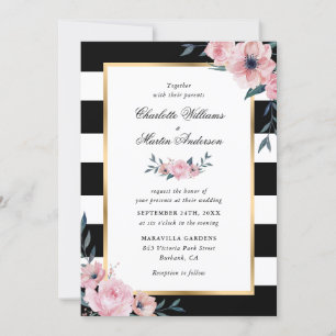 Invitation Mariage rose floral élégant noir blanc rayé