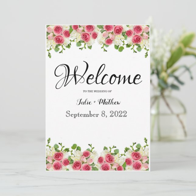 Invitation Mariage rose Floral Panneau de bienvenue (Debout devant)