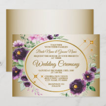 Mariage Rose Floral Violet Feuilles Vertes Doré