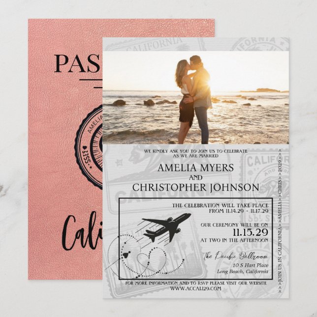 Invitation Mariage rose Gold California Passport (Devant / Derrière)
