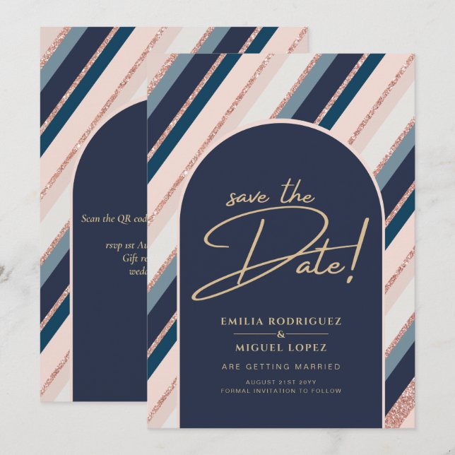 Invitation Mariage Rose Gold Foncé Bleu Marine Lunaire (Devant / Derrière)