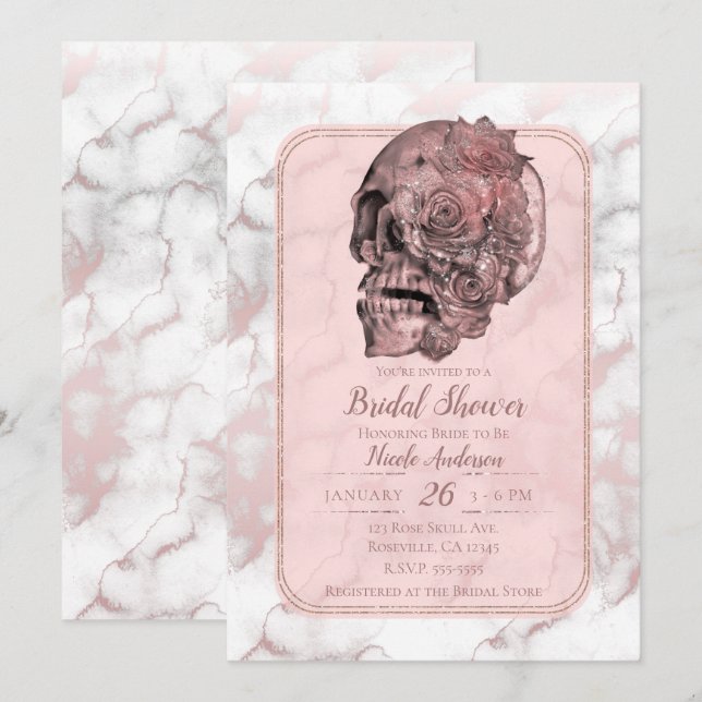 Invitation Mariage Rose Gold Glam Crâne Rose Marbre (Devant / Derrière)