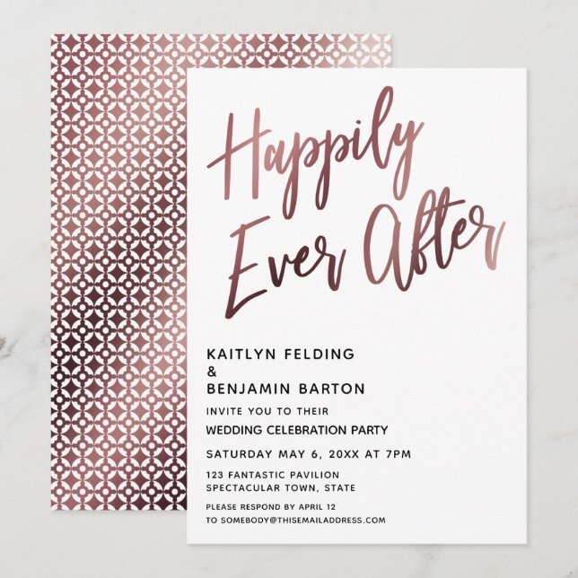 Invitation Mariage Rose Gold "Happily Ever After" Réception d (Devant / Derrière)