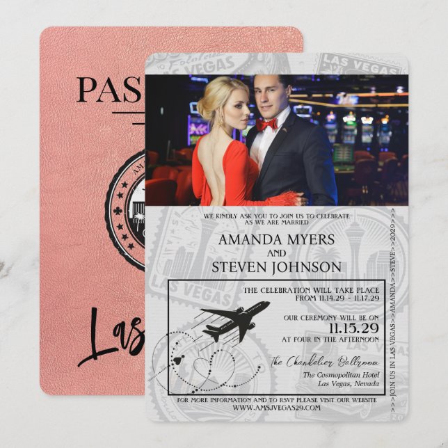 Invitation Mariage rose Gold Las Vegas Passport (Devant / Derrière)