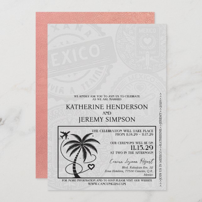 Invitation Mariage rose Gold Mexico Passport (Devant / Derrière)