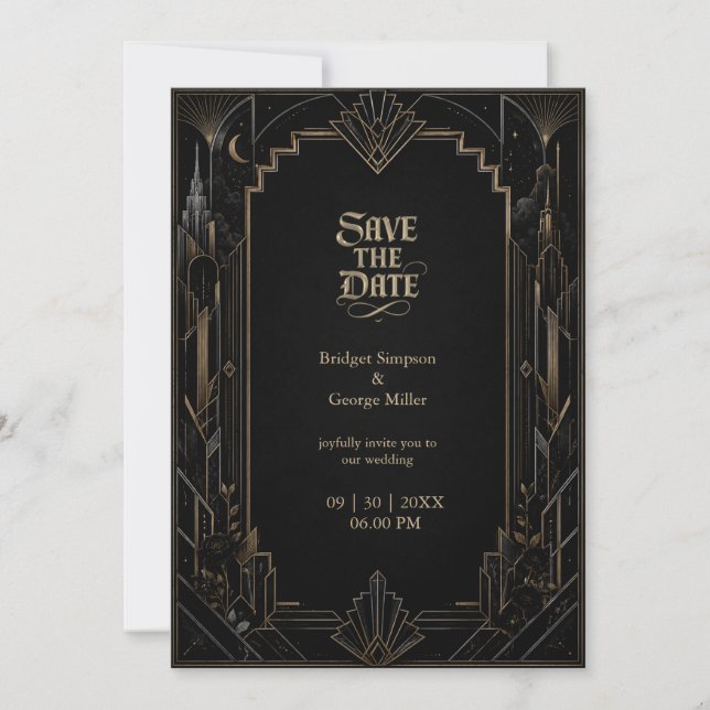 Invitation Mariage Rose Gothique Art Déco Skyline  (Devant)