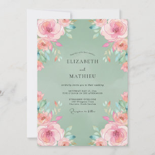 Invitation Mariage Rose Heureuse Vert Sauge