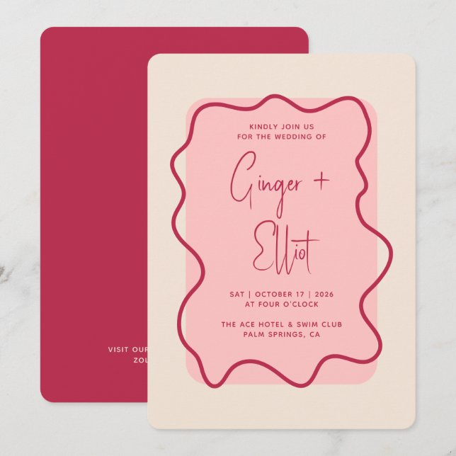 Invitation Mariage rose magenta moderne Gras Verre (Devant / Derrière)