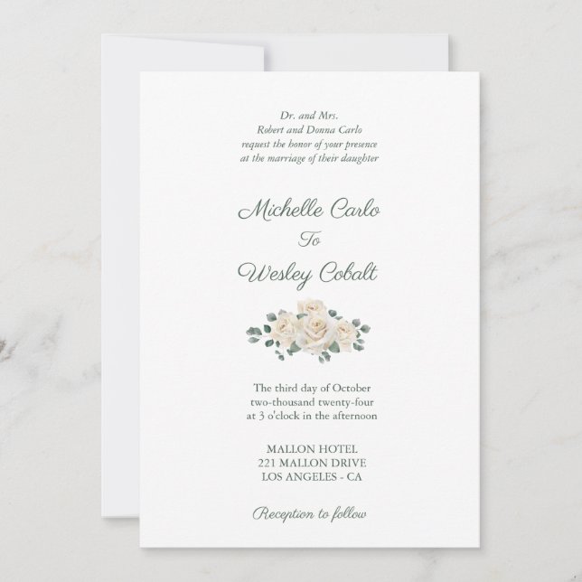 Invitation Mariage Rose minimaliste blanc et vert (Devant)