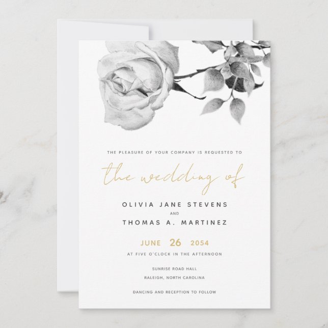 Invitation Mariage Rose moderne Black White Gold tiré à la ma (Devant)
