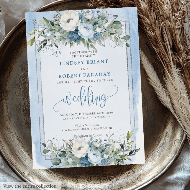 Invitation Mariage Rose moderne Dusty Blue White Silver (Modern Dusty Blue White Silver Roses Wedding Invitation)