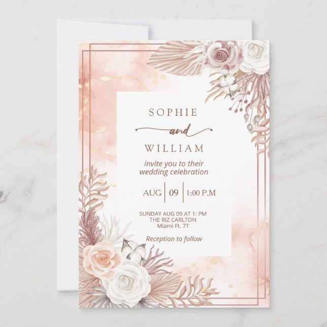 Invitation mariage rose moderne Golden rose clair (Devant)