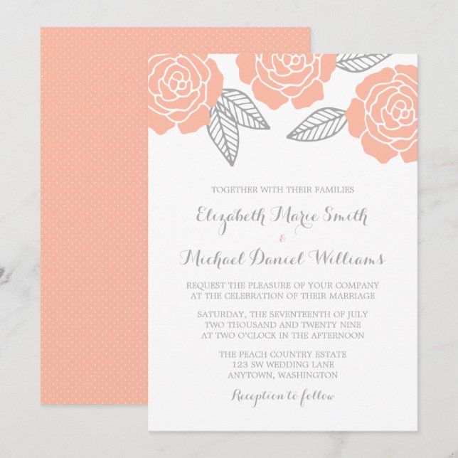 Invitation Mariage Rose moderne Peach et Grey (Devant / Derrière)