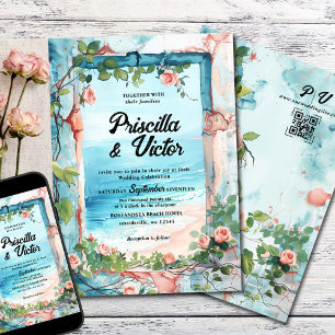 Invitation Mariage rose, Mur Vintage et Plage de Mer