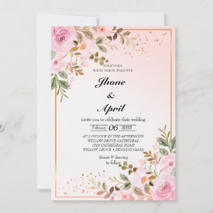 Invitation mariage rose or avec fleurs