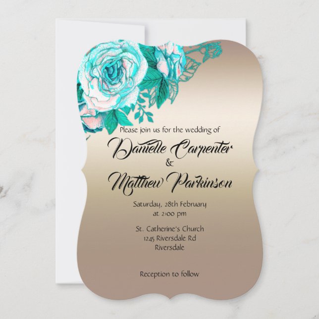 Invitation Mariage Rose or et turquoise (Devant)