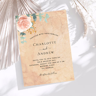 Invitation mariage rose or fleuri de terre cuite